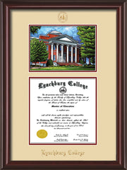 Image of Lynchburg College Diploma Frame - Mahogany Lacquer - w/Embossed LC Seal & Name - w/Campus Watercolor - Cream on Crimson mat