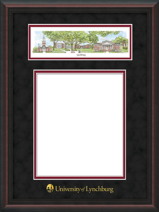 Image of University of Lynchburg Diploma Frame - Mahogany Braid - w/Embossed School Name Only - Campus Collage - Black Suede on Crimson mat