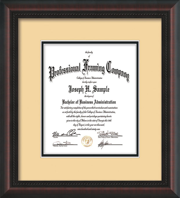 Vertical view of the Custom Mahognay Braid Art and Document Frame with Cream on Black Mat