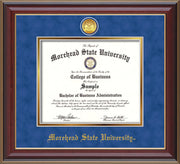 Image of Morehead State University Diploma Frame - Cherry Lacquer - w/24k Gold Plated Medallion MSU Name Embossing - Royal Blue Suede on Gold Mat