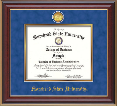 Image of Morehead State University Diploma Frame - Cherry Lacquer - w/24k Gold Plated Medallion MSU Name Embossing - Royal Blue Suede on Gold Mat