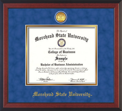 Image of Morehead State University Diploma Frame - Cherry Reverse - w/24k Gold Plated Medallion MSU Name Embossing - Royal Blue Suede on Gold Mat