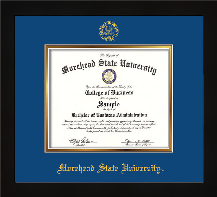 Image of Morehead State University Diploma Frame - Flat Matte Black - w/Embossed MSU Seal & Name - Royal Blue on Gold mat
