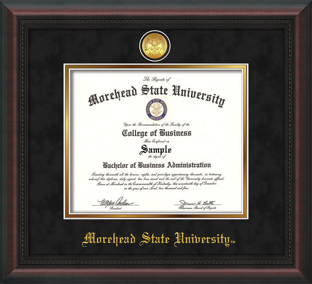 Image of Morehead State University Diploma Frame - Mahogany Braid - w/24k Gold Plated Medallion MSU Name Embossing - Black Suede on Gold Mat