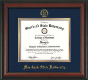 Image of Morehead State University Diploma Frame - Rosewood - w/Embossed MSU Seal & Name - Navy on Gold mat