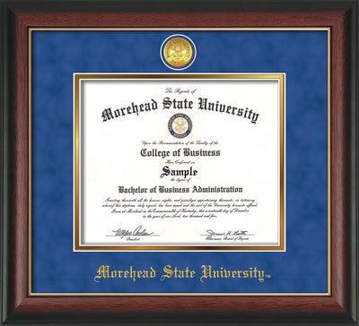 Image of Morehead State University Diploma Frame - Rosewood w/Gold Lip - w/24k Gold Plated Medallion MSU Name Embossing - Royal Blue Suede on Gold Mat