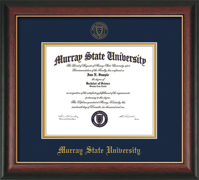Image of Murray State University Diploma Frame - Rosewood w/Gold Lip - w/Murray Embossed Seal & Name - Navy on Gold mat