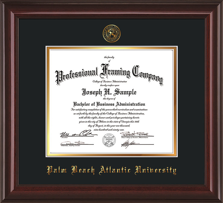 Image of Palm Beach Atlantic University Diploma Frame - Mahogany Lacquer - w/Embossed Seal & Name - Black on Gold mats