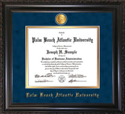 Image of Palm Beach Atlantic University Diploma Frame - Vintage Black Scoop - w/24k Gold-Plated Medallion PBA Name Embossing - Navy Suede on Gold mats