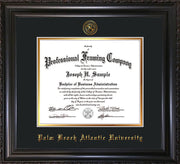 Image of Palm Beach Atlantic University Diploma Frame - Vintage Black Scoop - w/Embossed Seal & Name - Black on Gold mats