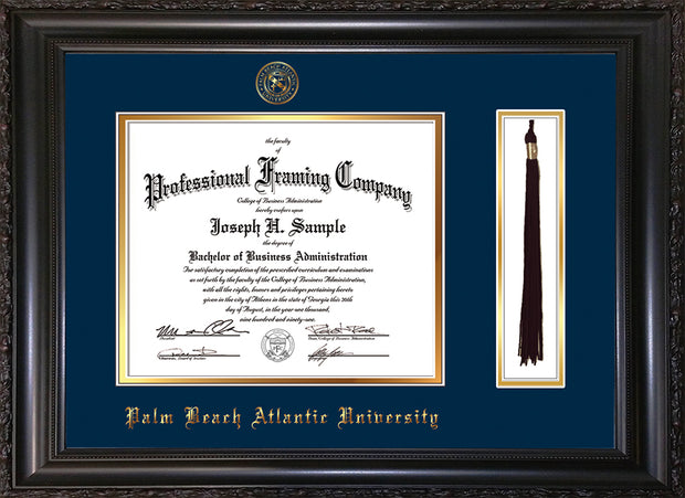 Image of Palm Beach Atlantic University Diploma Frame - Vintage Black Scoop - w/Embossed Seal & Name - Tassel Holder - Navy on Gold mats