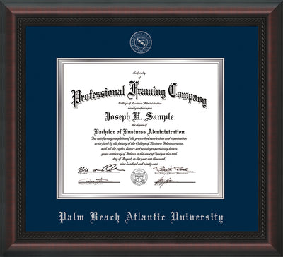 Image of Palm Beach Atlantic University Diploma Frame - Mahogany Braid - w/Silver Embossed Seal & Name - Navy on Silver mats