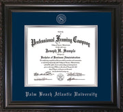Image of Palm Beach Atlantic University Diploma Frame - Vintage Black Scoop - w/Silver Embossed Seal & Name - Navy on Silver  mats