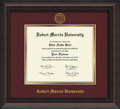 Image of Robert Morris University - Illinois Diploma Frame - Mahogany Braid - w/Embossed RMU Seal & Name - Maroon on Gold mat
