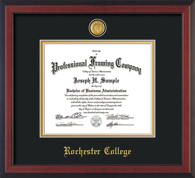 Image of Rochester College Diploma Frame - Cherry Reverse - w/24k Gold-Plated Medallion - w/Rochester Name Embossing - Black on Gold mat