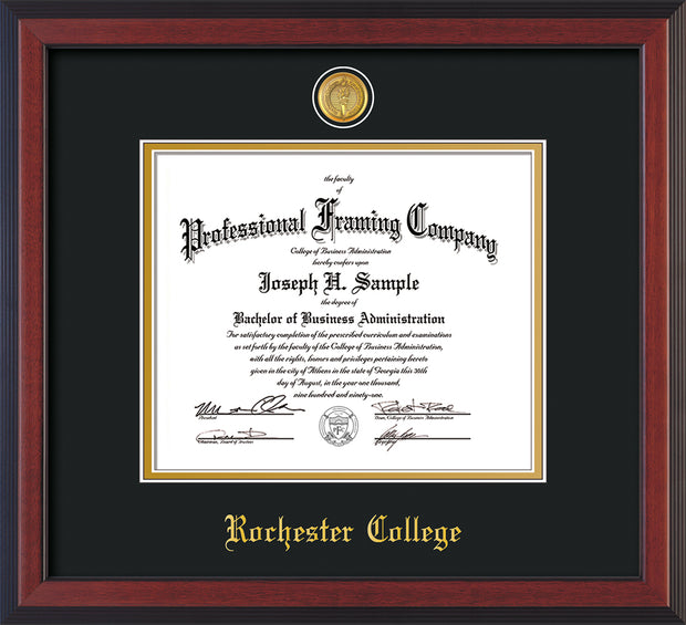 Image of Rochester College Diploma Frame - Cherry Reverse - w/24k Gold-Plated Medallion - w/Rochester Name Embossing - Black on Gold mat