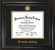 Image of Rochester College Diploma Frame - Vintage Black Scoop - w/24k Gold-Plated Medallion - w/Rochester Name Embossing - Black on Gold mat