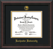Image of Rochester University Diploma Frame - Mahogany Braid - w/Embossed Rochester Seal and Name - Black on Gold mat