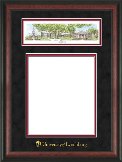 Image of University of Lynchburg Diploma Frame - Rosewood - w/Embossed School Name Only - Campus Collage - Black Suede on Crimson mat