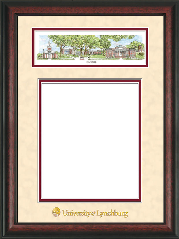 Image of University of Lynchburg Diploma Frame - Rosewood - w/Embossed School Name Only - Campus Collage - Cream Suede on Crimson mat