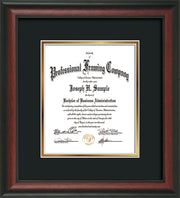 Vertical view of the Rosewood Art and Document Frame with Black on Gold Mat