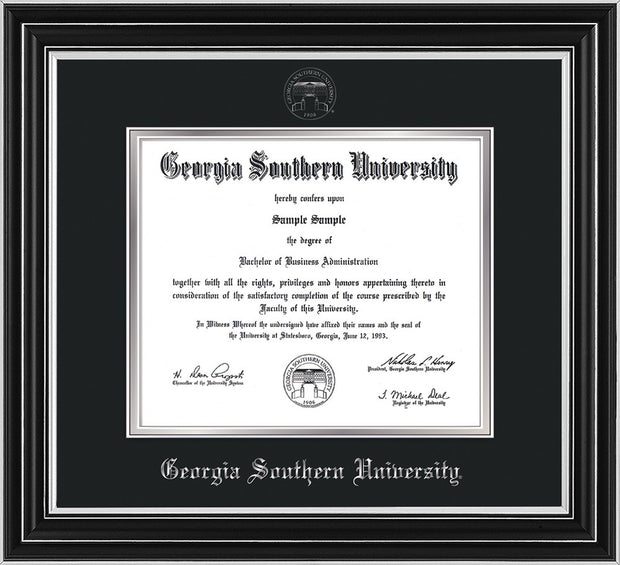 Image of Georgia Southern University Diploma Frame - Satin Silver - w/Silver Embossed Seal & Name - Black on Silver mat