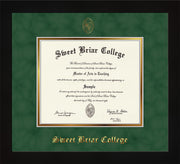 Image of Sweet Briar College Diploma Frame - Flat Matte Black - w/Embossed SBC Seal & Name - Green Suede on Gold mat