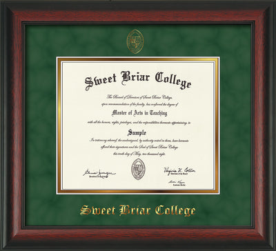 Image of Sweet Briar College Diploma Frame - Rosewood - w/Embossed SBC Seal & Name - Green Suede on Gold mat