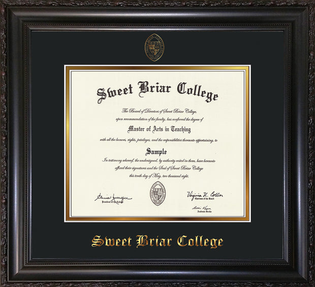 Image of Sweet Briar College Diploma Frame - Vintage Black Scoop - w/Embossed SBC Seal & Name - Black on Gold mat