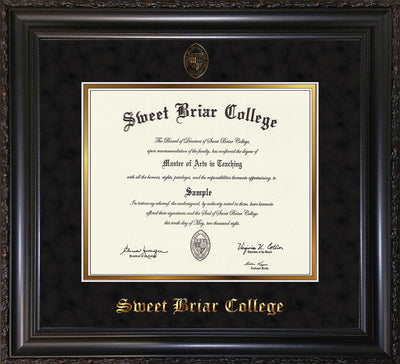Image of Sweet Briar College Diploma Frame - Vintage Black Scoop - w/Embossed SBC Seal & Name - Black Suede on Gold mat