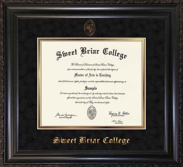 Image of Sweet Briar College Diploma Frame - Vintage Black Scoop - w/Embossed SBC Seal & Name - Black Suede on Gold mat