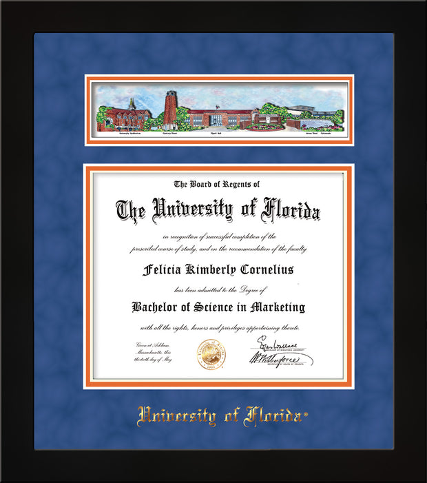 Image of University of Florida Diploma Frame - Flat Matte Black - w/UF Embossed School Name Only - Campus Collage - Royal Blue Suede on Orange mat
