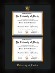 Image of University of Florida Diploma Frame - Flat Matte Black - w/UF Embossed Seal & Name - Double Diploma - Black on Gold mat