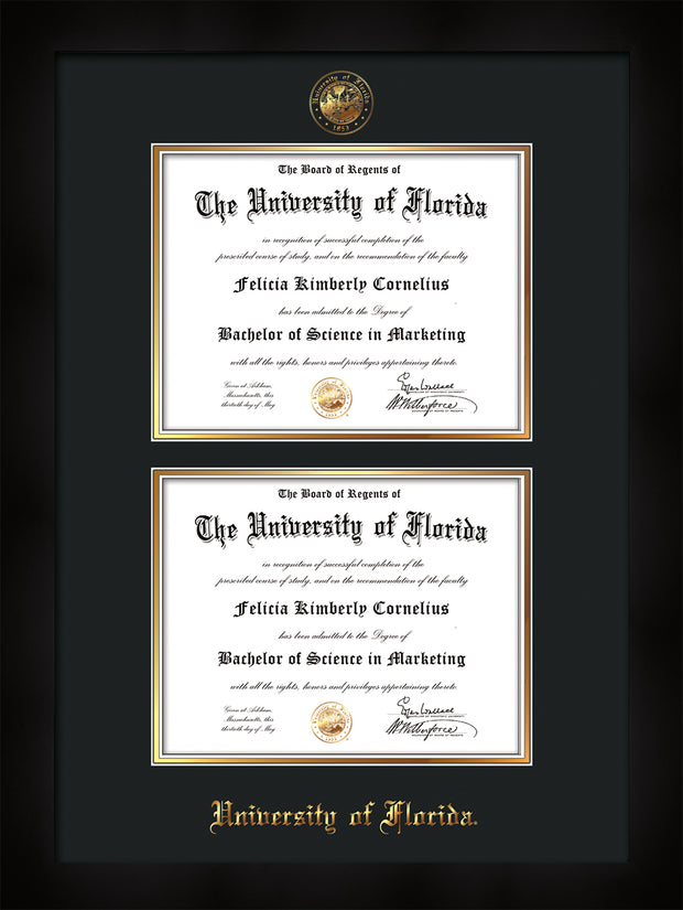 Image of University of Florida Diploma Frame - Flat Matte Black - w/UF Embossed Seal & Name - Double Diploma - Black on Gold mat