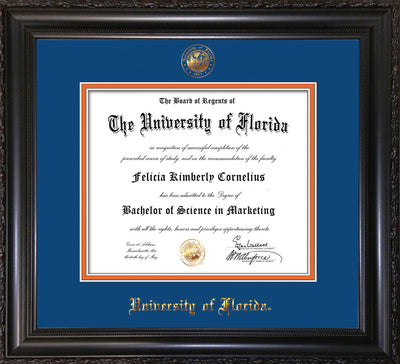 Image of University of Florida Diploma Frame - Vintage Black Scoop - w/UF Embossed Seal & Name - Royal Blue on Orange mat