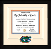Image of University of Florida Diploma Frame - Flat Matte Black - 3D Laser UF Gator Head Logo Cutout - Cream on Orange on Royal Blue mat