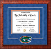 Image of University of Florida Diploma Frame - Mezzo Gloss - 3D Laser UF Gator Head Logo Cutout - Royal Blue Suede on Orange on Royal Blue mat