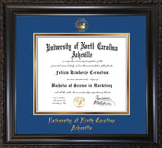 Image of University of North Carolina Asheville Diploma Frame - Vintage Black Scoop - w/Embossed UNCA Seal & Name - Royal Blue on Gold mat