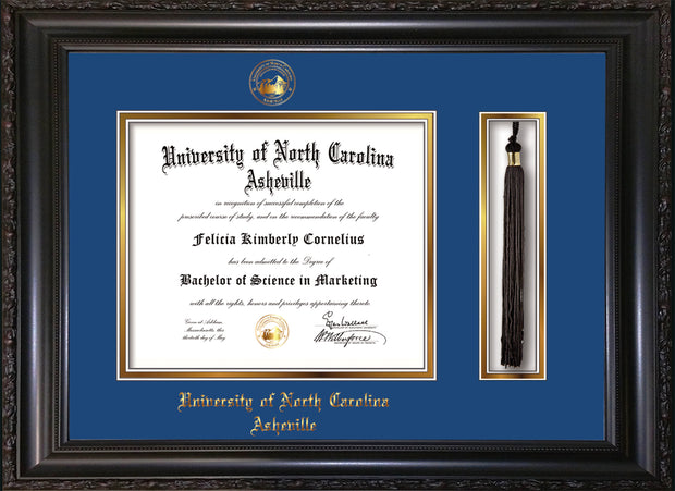 Image of University of North Carolina Asheville Diploma Frame - Vintage Black Scoop - w/Embossed UNCA Seal & Name - Tassel Holder - Royal Blue on Gold mat