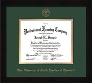 Image of University of North Carolina Charlotte Diploma Frame - Flat Matte Black - w/Official Embossing of UNCC Seal & Name - Green on Gold mats