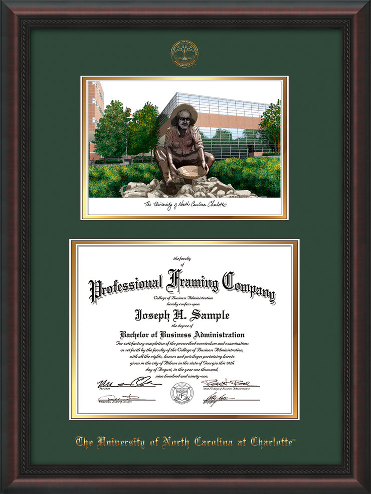 Image of University of North Carolina Charlotte Diploma Frame - Mahogany Braid - w/Official Embossing of UNCC Seal & Name - Campus Watercolor - Green on Gold