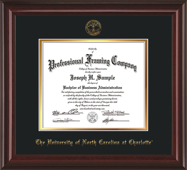 Image of University of North Carolina Charlotte Diploma Frame - Mahogany Lacquer - w/Official Embossing of UNCC Seal & Name - Black on Gold mats