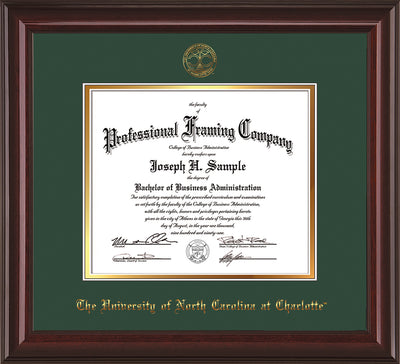 Image of University of North Carolina Charlotte Diploma Frame - Mahogany Lacquer - w/Official Embossing of UNCC Seal & Name - Green on Gold mats