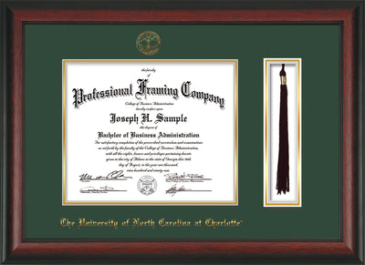 Image of University of North Carolina Charlotte Diploma Frame - Rosewood - w/Official Embossing of UNCC Seal & Name - Tassel Holder - Green on Gold mats