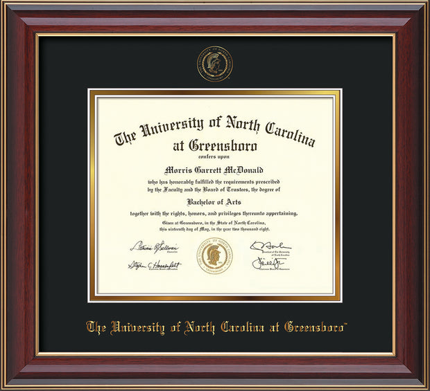 Image of University of North Carolina Greensboro Diploma Frame - Cherry Lacquer - w/Embossed Seal & Name - Black on Gold mat