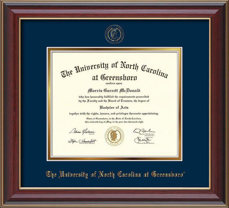 Image of University of North Carolina Greensboro Diploma Frame - Cherry Lacquer - w/Embossed Seal & Name - Navy on Gold mat
