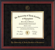 Image of University of North Carolina Greensboro Diploma Frame - Cherry Reverse - w/Embossed Seal & Name - Black Suede on Gold mat