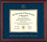 Image of University of North Carolina Greensboro Diploma Frame - Cherry Reverse - w/Embossed Seal & Name - Navy Suede on Gold mat