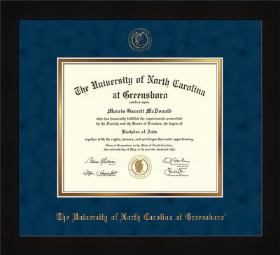 Image of University of North Carolina Greensboro Diploma Frame - Flat Matte Black - w/Embossed Seal & Name - Navy Suede on Gold mat