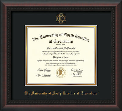 Image of University of North Carolina Greensboro Diploma Frame - Mahogany Braid - w/Embossed Seal & Name - Black on Gold mat